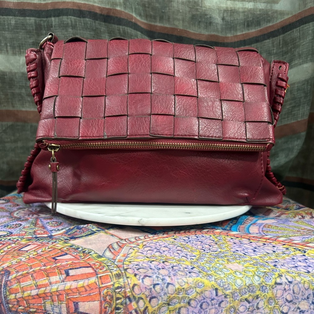 Burgundy Red Woven Flap Crossbody Bag